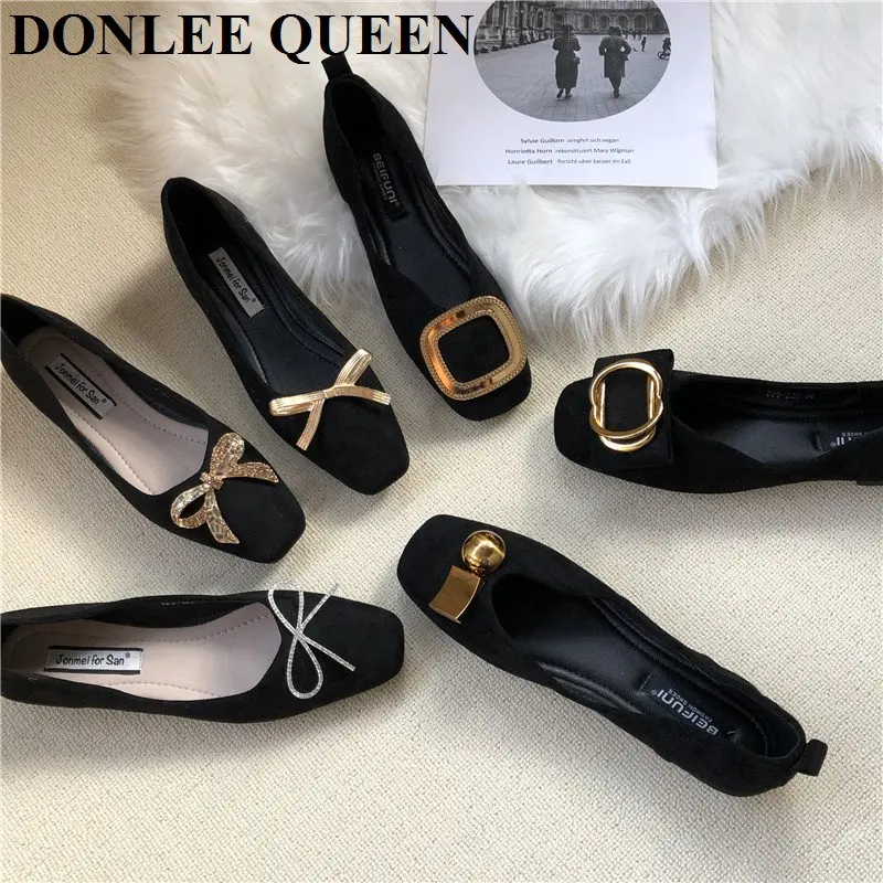 Women Shoes Brand Metal Decoration Flats Ballet Square Toe Flat Heels Ladies Lazy Loafers Soft Ballerina Female Zapatos De Mujer