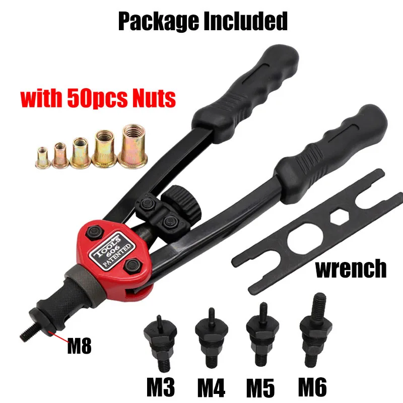 Hand Threaded Rivet Nuts Guns with  Nuts 605 606 Double Insert Manual Riveter Riveting Rivnut Tool for M3/M4/M5/M6/M8/M10 Nut
