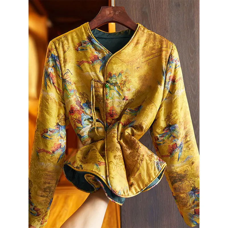 2021 Autumn Winter New Arts Style Women Long Sleeve Thicken Cotton Short Coat Vintage Print Single Button V-neck Jackets V777