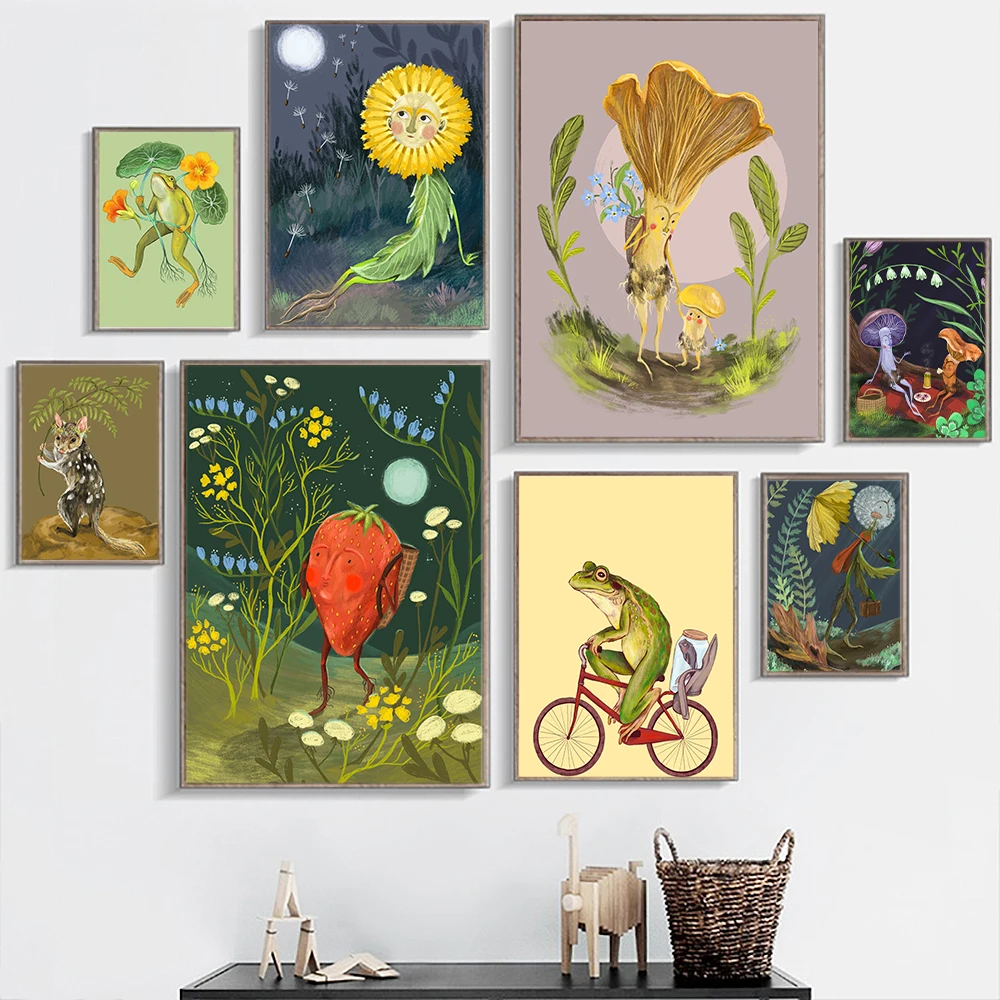 Retro poster frog riding bicycle art printing mushroom strawberry flower dandelion bathroom wall art canvas painting home decora