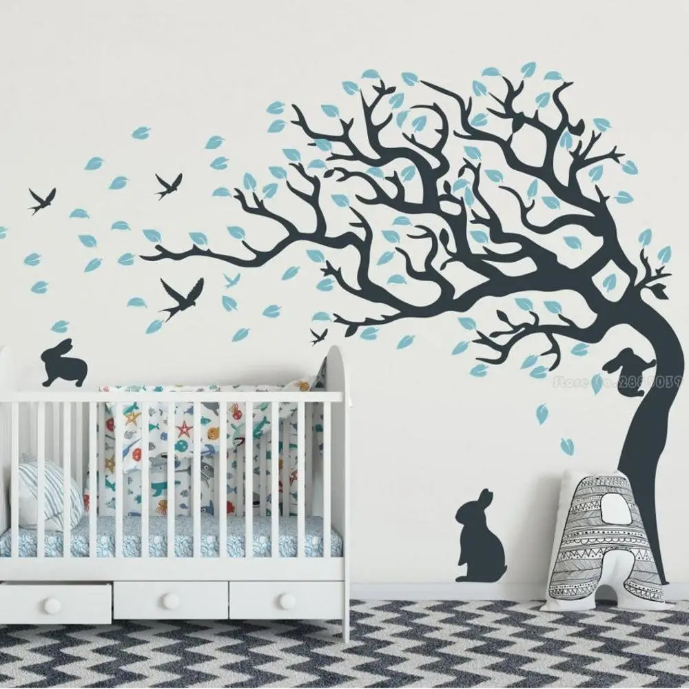 

Fluffy Bunnies With Tree Wall Decal Tree And Leaves Sticker Baby Nursery Decoration Forest Decor Woodland Wall Stickers LL2464