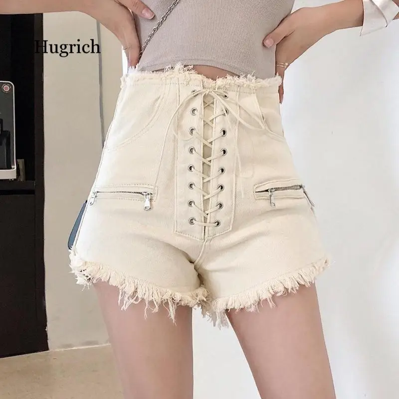 Women Stylish Summer Denim Shorts Lace Up High Waist Pockets Female Casual Streetwear White Short Jeans 2021