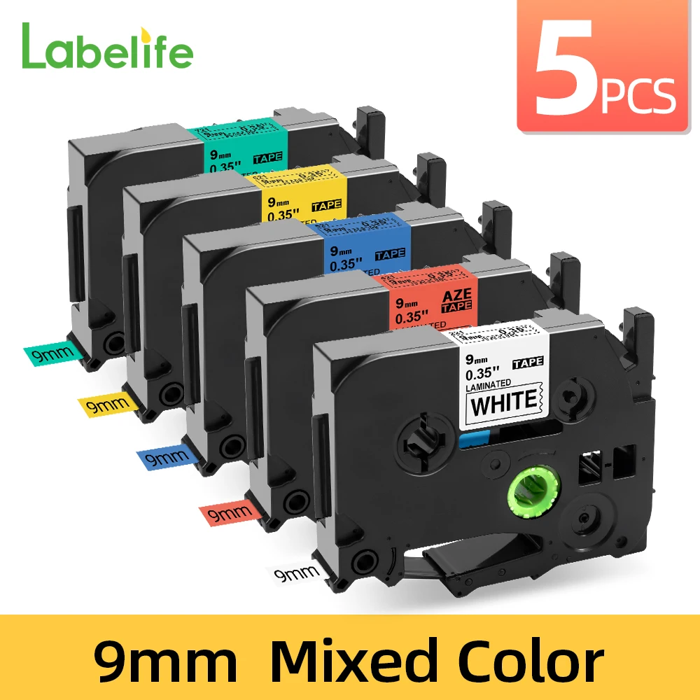 5PCS Label Tape 9mm Mutiple Colors Compatible for Brother Label Printer Black on White Laminated Tapes tze221 tze421 tze621