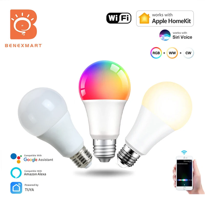 Homekit WiFi E27 E14 bombilla LED inteligente lámpara regulable RGBCW foco funciona con Tuya Siri Alexa Google Home Control de voz