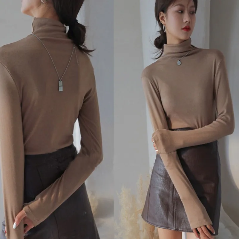 Spring Autumn Women Sweater Slim Stretch Long Sleeve Pure Color Turtleneck Tops Brown Turtleneck Girl Clothing