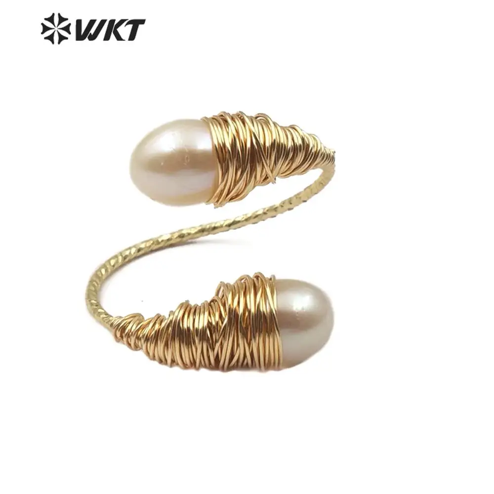 WT-R342 Natural Freshwater Pearl Ring Wire Wrapped With Gold Electroplated Adjustable Size Fashion Jewelry  For Woman Gift