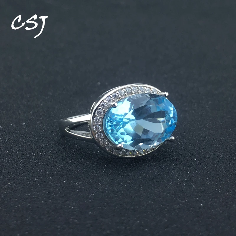 

CSJ Natural Sky Blue Topaz Rings Sterling 925 Silver Gemstone Women Lady Wedding Engagment Party Gift Box