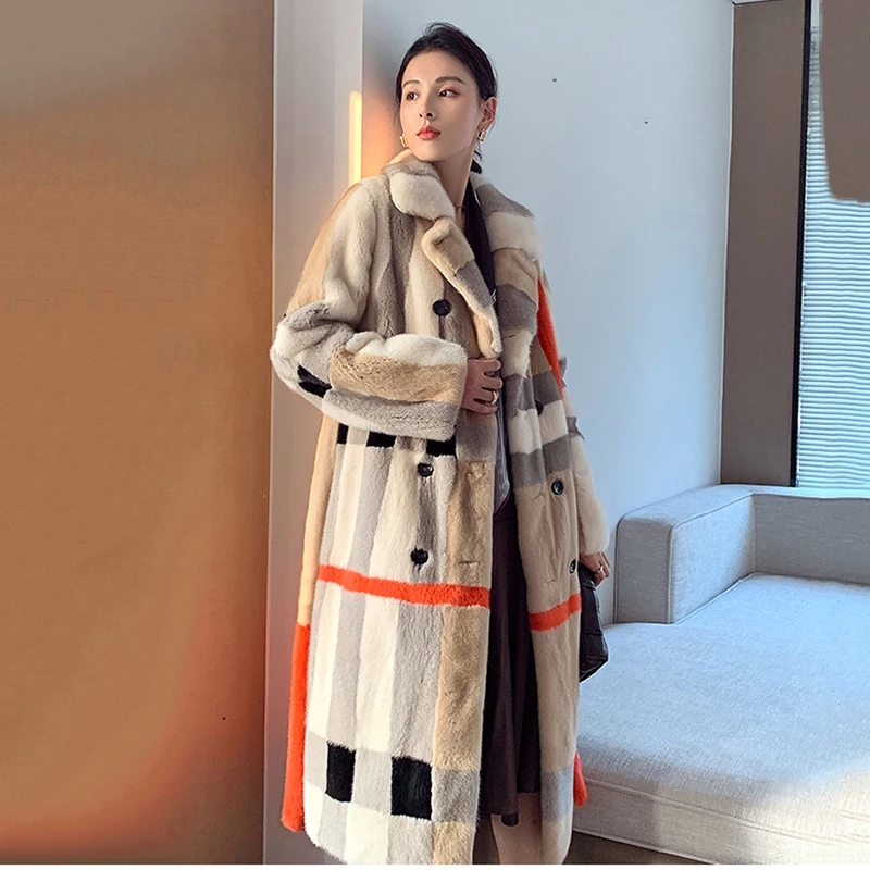 Ftangaiur Winter Import Velvet Mink Fur Coat Women's Full Sleeve Plaid Turn-Down Collar  X-Long Natural Real Mink Fur Coats