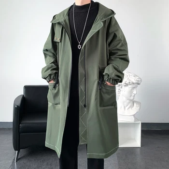 Men's Korean-Style Fleece-Lined Long Trench Coat 4 Autumn Men Korean Style Trench Men Fashion Solid Color Casual Long Coat Male Streetwear Loose Windbreaker Men Fleece Overcoat 4