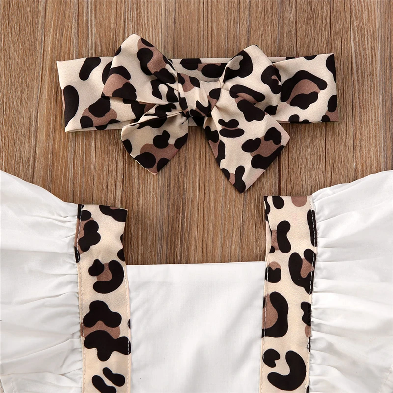 Baby Girls Clothes Newborn Leopard Print Backless Jumpsuit Girls Ruffle Square Collar Bodysuit Bow Headband Summer 2pcs Outfits