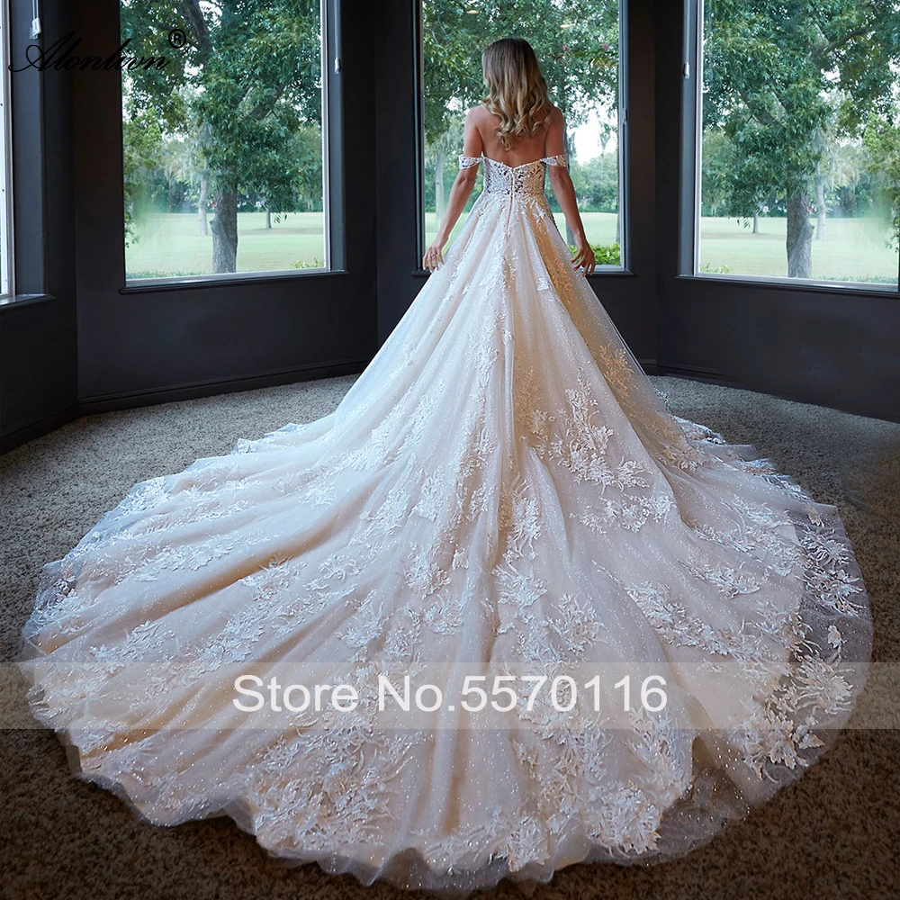 Alonlivn Beauty Embroidery Lace Ball Gown Wedding Dresses Sweetheart Off The Shoulder Floral Print Bridal Skirts Chapel Train