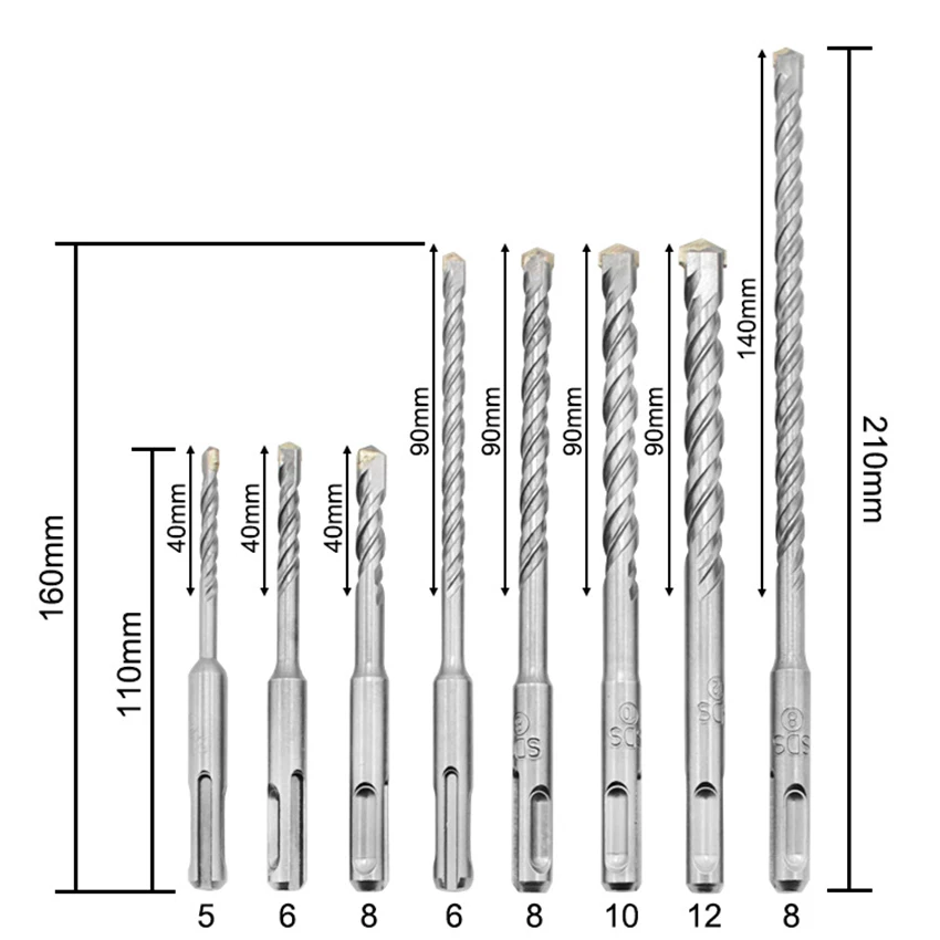 

Round Shank Rotary Hammer Drill Bits Set for Stones, Concrete, Brick, 5x110, 6x110, 8x110, 6x160, 8x160, 10x160, 12x160, 8x210