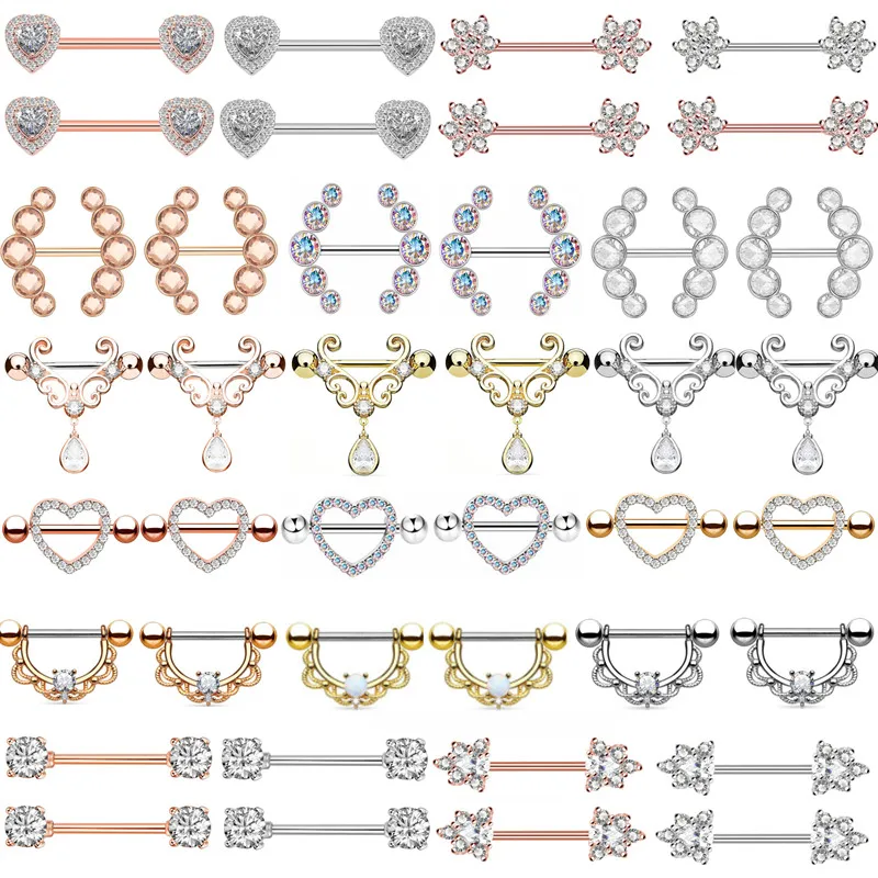 乳首の形をしたピアスバー,1ペア,14gステンレス鋼,クリスタル,ピンクゴールド,セクシー,乳首の保護