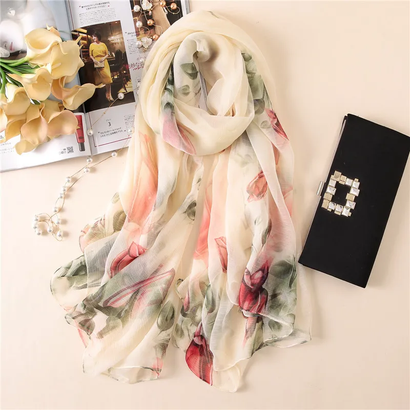 2020 new Women Flower Printed Silk Scarf Sheer Beach Sun Protective Pashmina Female Out Door Wraps Shawl Plus size 180cm 145cm