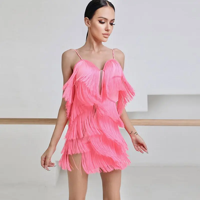 ZYMdancestyle Najnowsza sukienka do tańca latynoamerykańskiego # 2118 Seksowna różowo-żółta sukienka z frędzlami Rumba Chacha z frędzlami Piękna odzież tylna