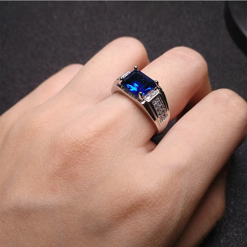 Blue Crystal Sapphire Topaz Gemstones Zircon Diamonds Rings for Men 18k White Gold Filled Jewelry Bague Trendy Bands Accessories