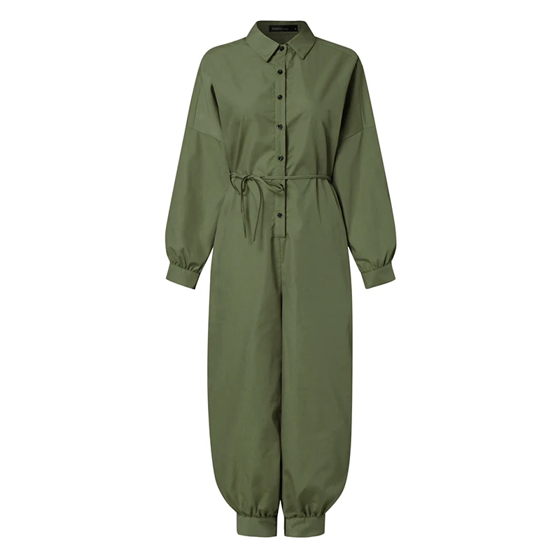 Women Long-sleeved Belt Cargo Jumpsuit 2023 Lapel Solid Color Casual Jumpsuit S-5XL New Women Retro Autumn Button Work Clothes