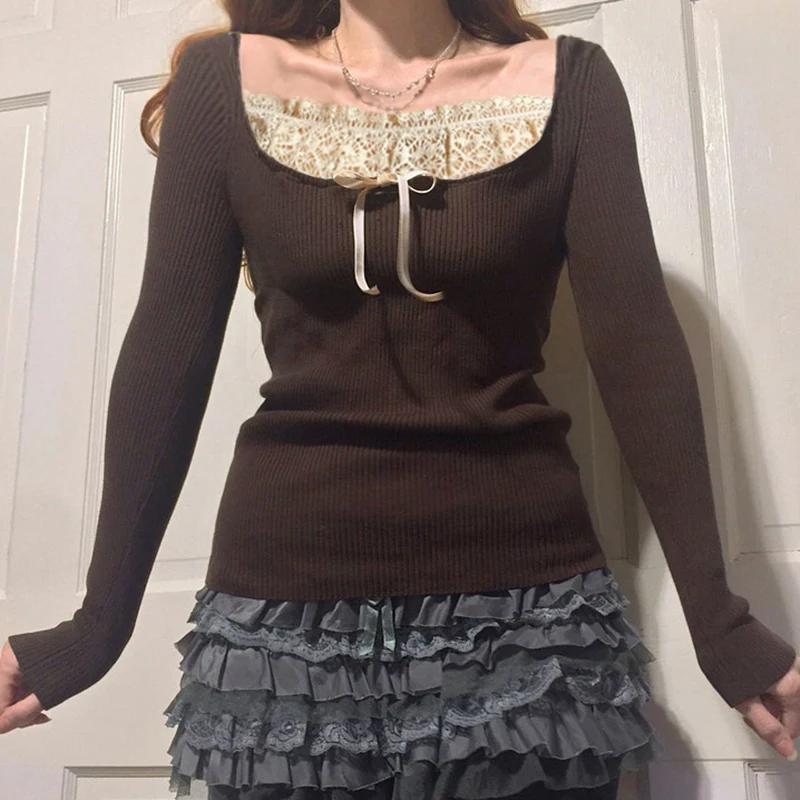 

Women Long Sleeve Ribbed T-Shirts Tops Lace Stitching Neckline Knitwear Bowknot Decoration Slim-Fit Pullover Harajuku T-Shirts