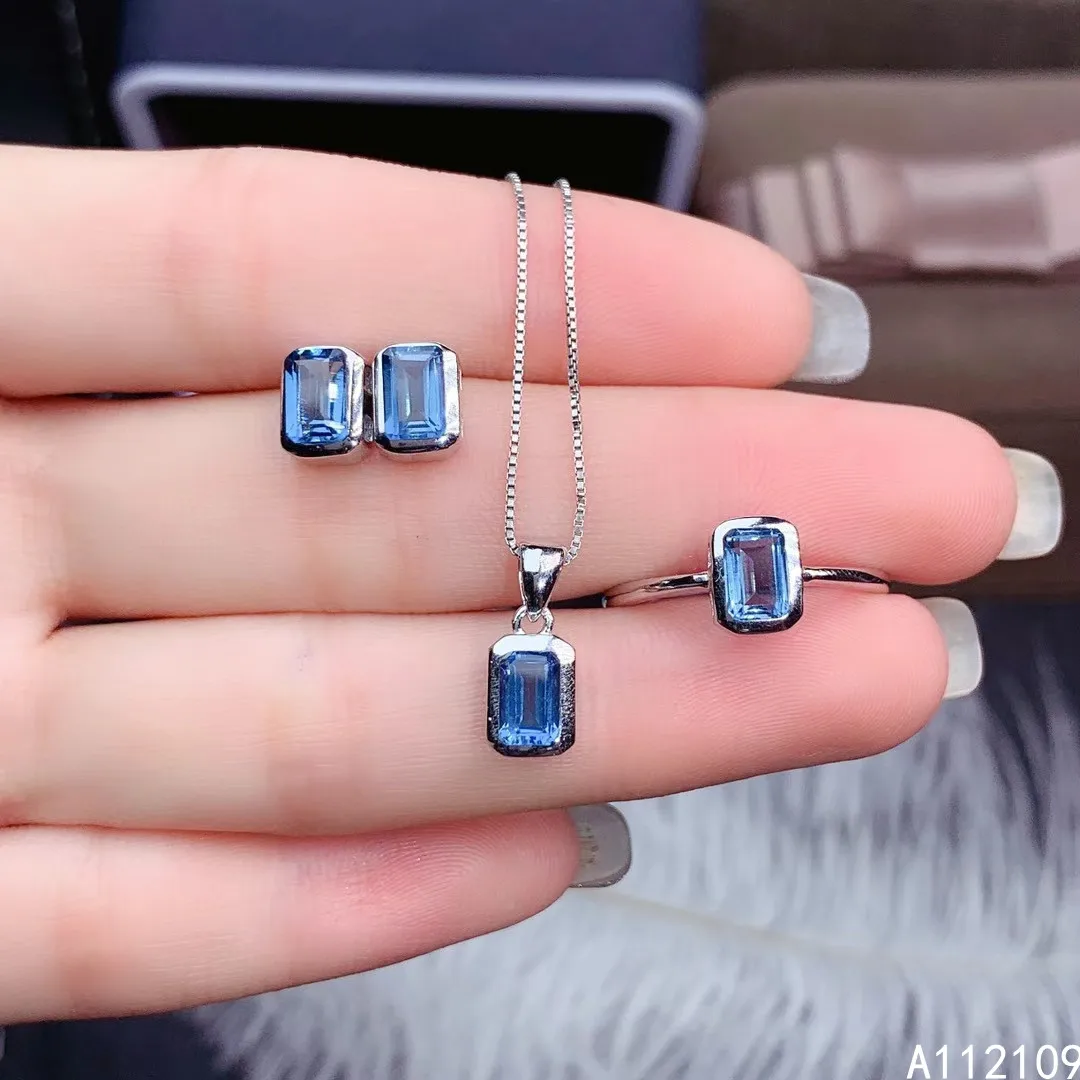 

Fine Jewelry 925 Pure Silver Inset With Natural Gem Women's Luxury Classic Rectangle Blue Topaz Pendant Ring Earring Set Support