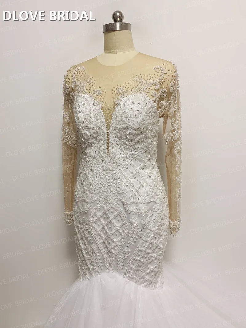 Vestido de novia de sirena de lujo hecho a medida, vestido de novia de cuentas delicadas con ilusión, mangas largas