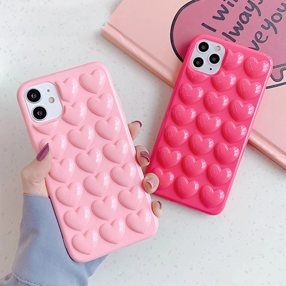 

Fashion 3D Love Heart Phone Case For iPhone 11 Pro 12 Pro Max Mini XS Max XR X 7 8 Plus Candy Color Soft TPU Back Bumper Cover