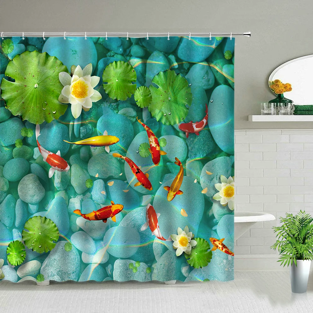 Koi Fish Print Shower Curtain Waves Oil Painting Landscape Bath Screen Waterproof Fabric Background Wall Decor Cloth Curtains