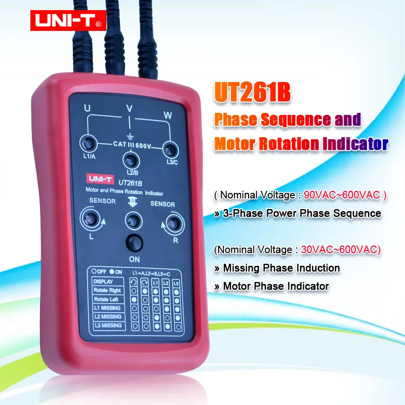 

UNI-T UT261B Phase Sequence Motor Rotation Indicator Used for Determining 3-phase Power Phase Sequence Missing Phase Indication