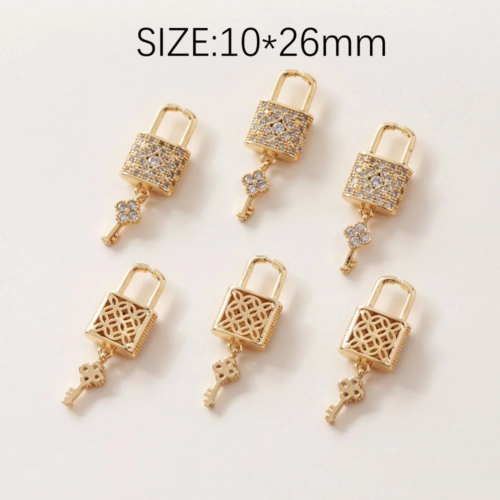 2PCS 14K Gold Plated Key Lock Pendant with Zircon Superior Quality Charms for Jewelry Making DIY Hand Made Brass Accessories