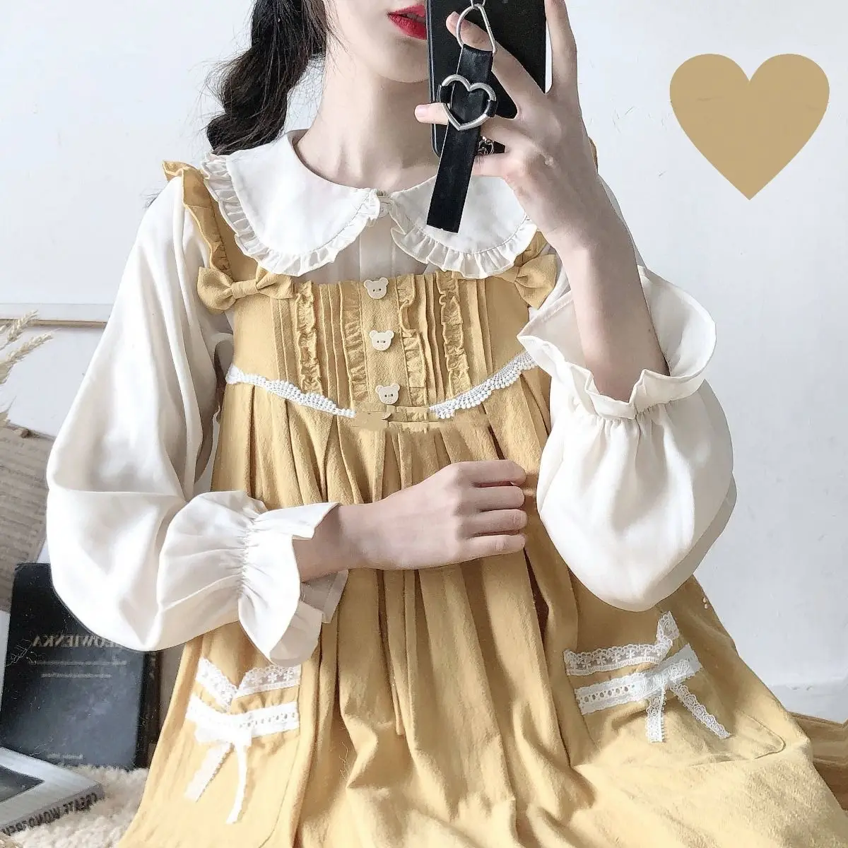 Peter Pan Kragen Süßes Hemd Frauen Lolita Japanische Kawaii Bluse Puff Langarm Elegante Weiße Weibliche Top Grundlegende Schule Shirts – Detail 6