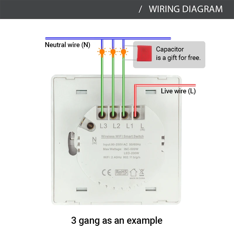 WiFi RF433 Smart Wall Light Switch,No Neutral Wireless Transmitter ,Tuya APP Control Alexa Google Home Compatible 1/2/3 Gang