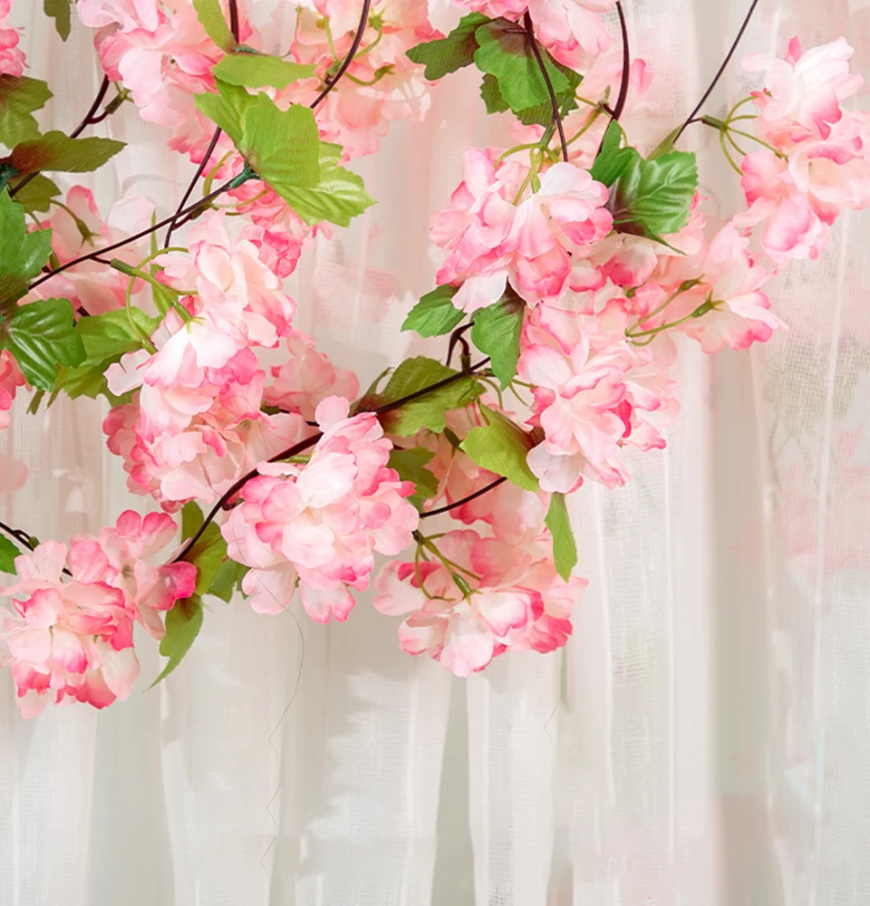 18 Heads Artificial Cherry Blossom Rose Vine Wall Hanging Flower Decoration Rattan Fake Plant Leaf Wreath Roman Home Decor