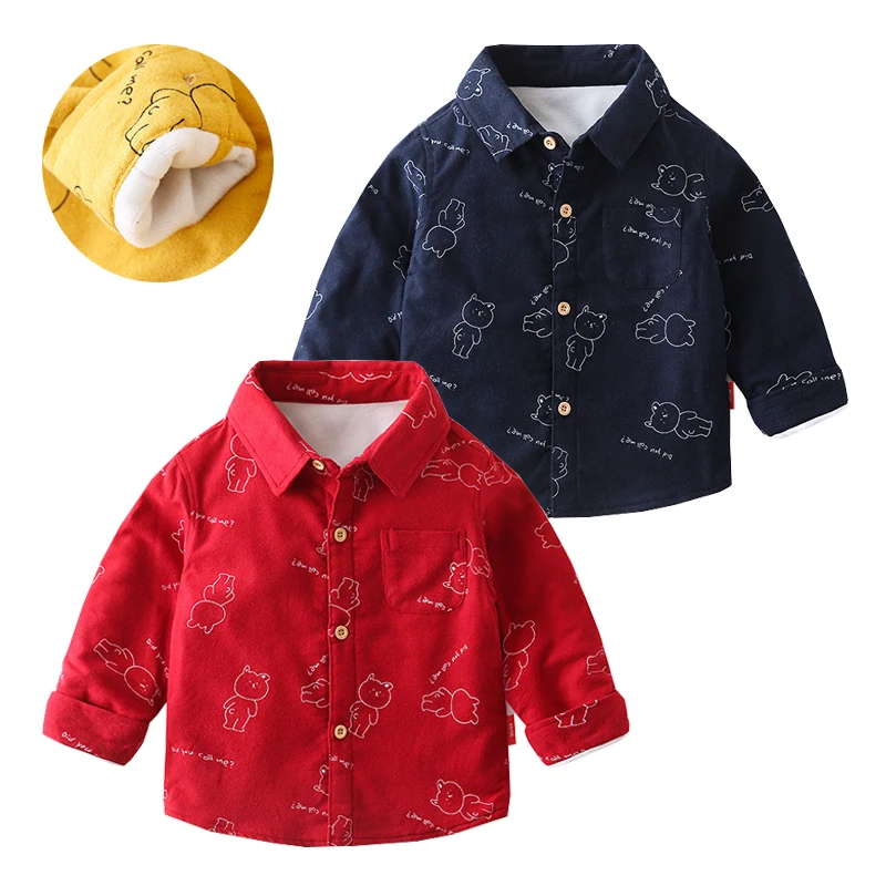 

Cartoon Bear Flocking Boys Shirts Warm Thermal Fleece Thickening Toddler Winter Outfits Children Clothes