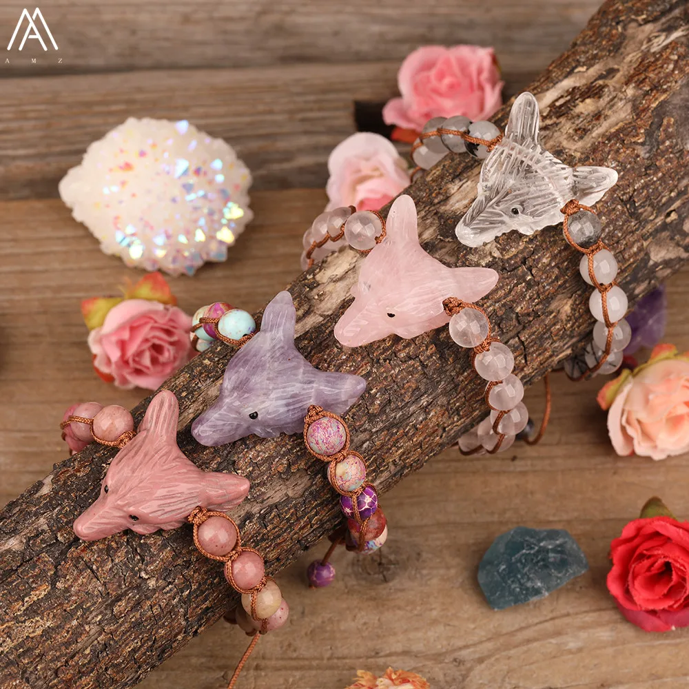 Natural Amethysts Roses Quartz Craved Wolf Head Beads Braided Adjustable Bracelets Women Stone Beads Woven Bracelet Dropship