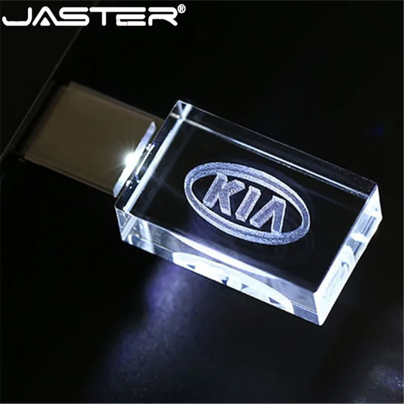 JASTER 2.0 Flash Drives 64GB Crystal Car LOGO Pen Drive 32GB Blue LED light USB Stick 16GB Pendrive 8GB Gift External Storage