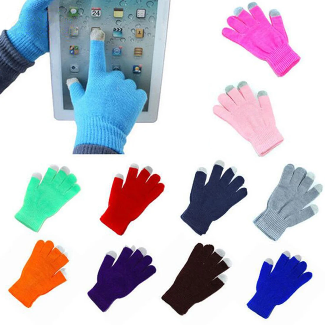 Guantes de pantalla táctil para hombre y mujer, gorro de punto elástico, cálido, grueso y suave, de dedo completo, para enviar mensajes, para