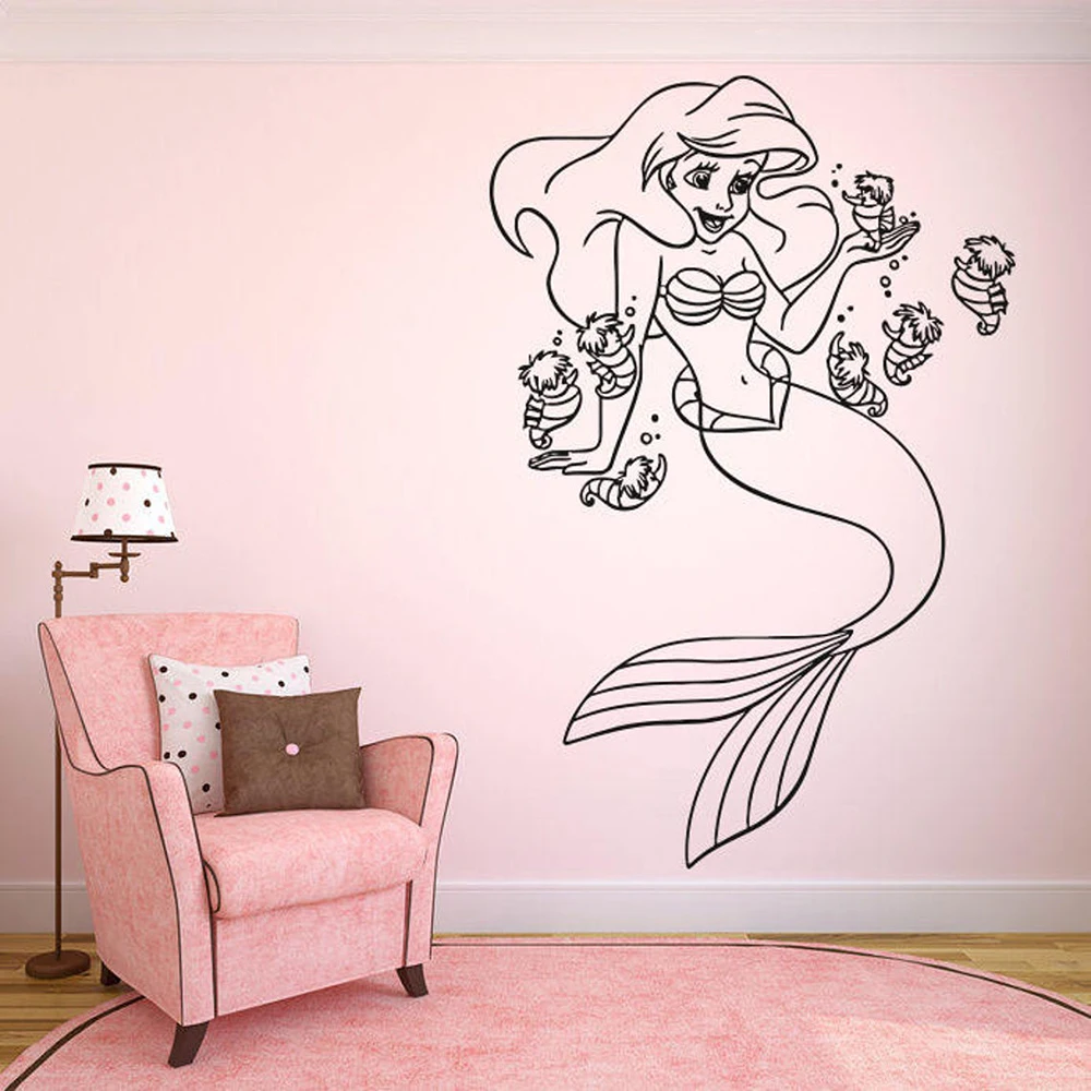 Little Mermaid Wall Decal Mermaid Sticker Cartoon Little Mermaid Wall Sticker Ariel Vinyl Decals Girls Room Nursery Decor C852