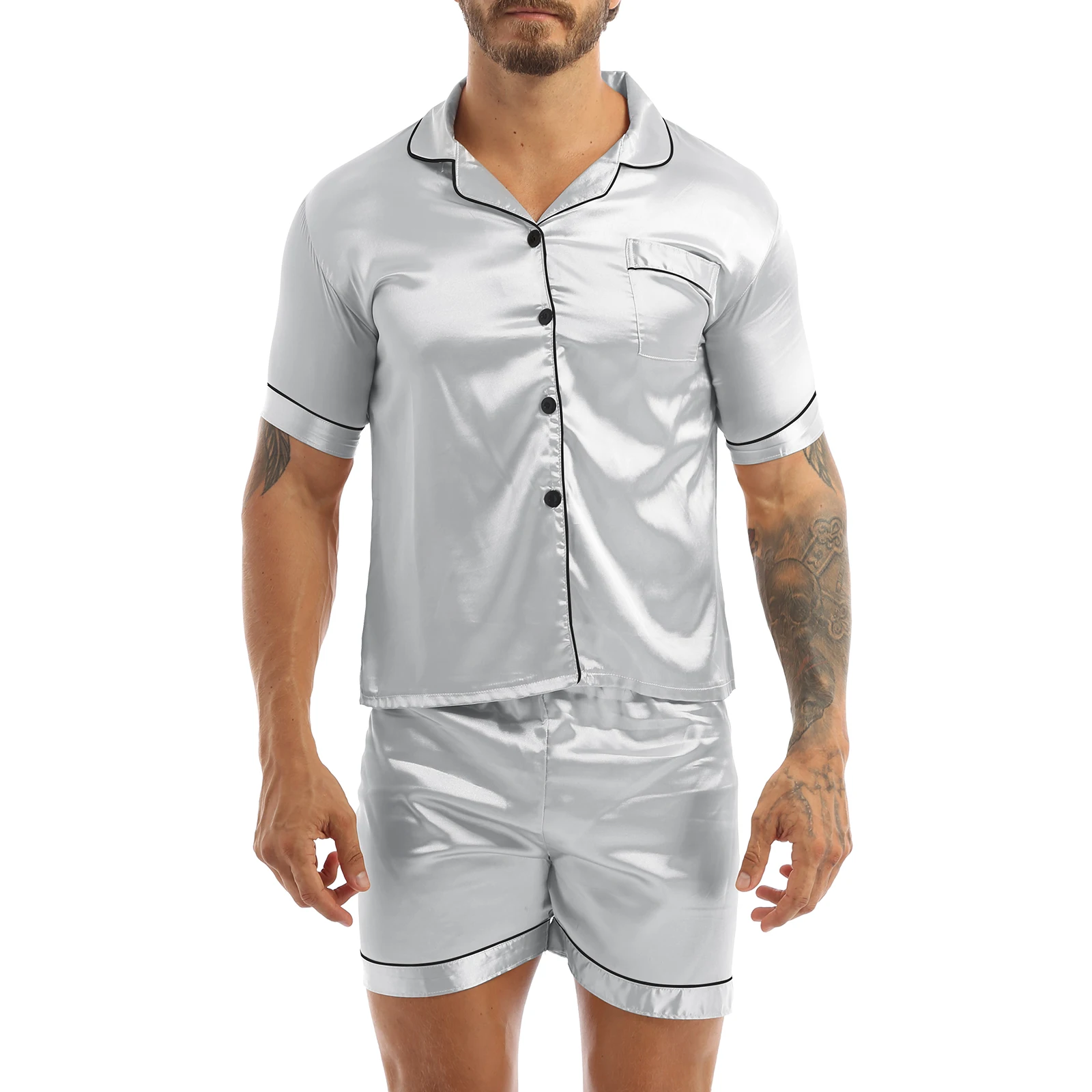 Fashion Mens Silky Satin Pajamas Set Solid Color Short Sleeves Button T-Shirt Tops with Elastic Waistband Boxer Shorts Sleepwear