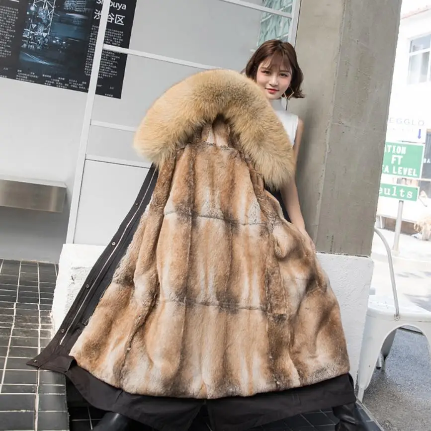 Oversive thikcer warm natural fur parkas female winter Long rabbit fur liner detachable fur coat real fox fur hooded coats F06