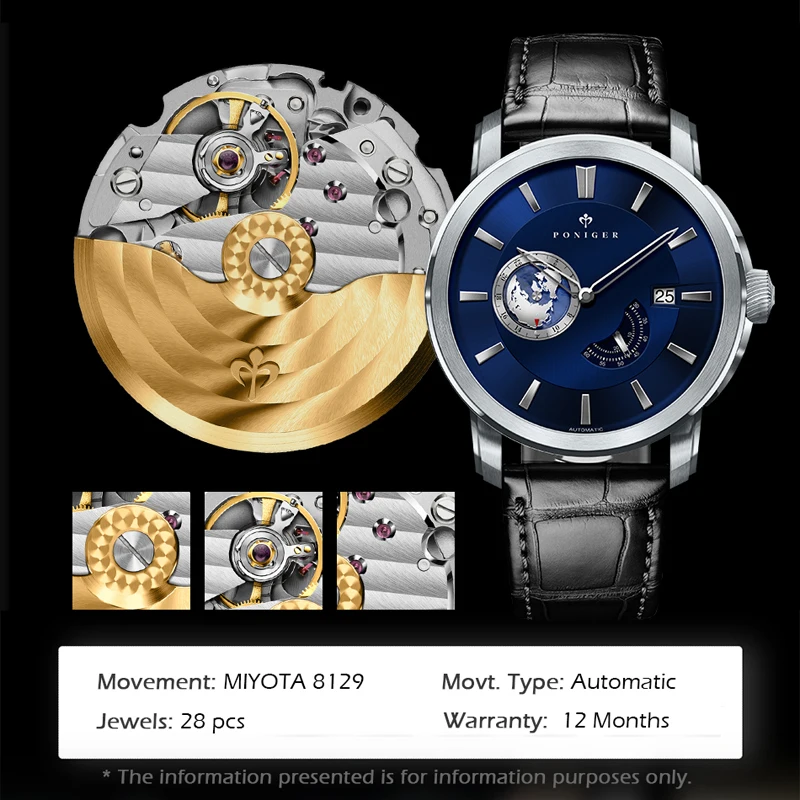 PONIGER Luxury High Quality Men Wrist Watches Automatic Mechanical Watch World Map Dial  Sapphire Glass Waterproof Watch