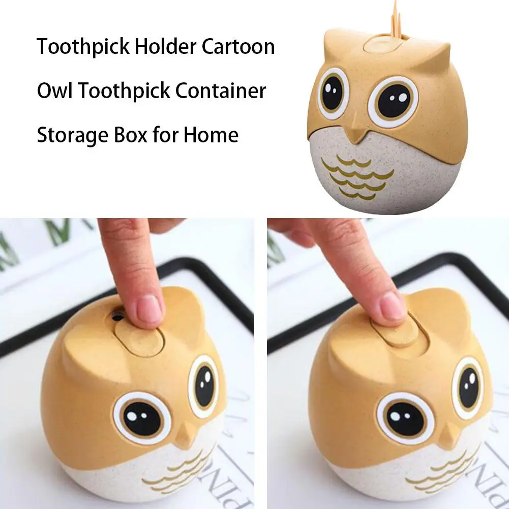 Wheat Straw Cartoon Owl Toothpick Holder Box Hand Press Automatic Toothpick Cans Base Room Decorate Toothpicks Case