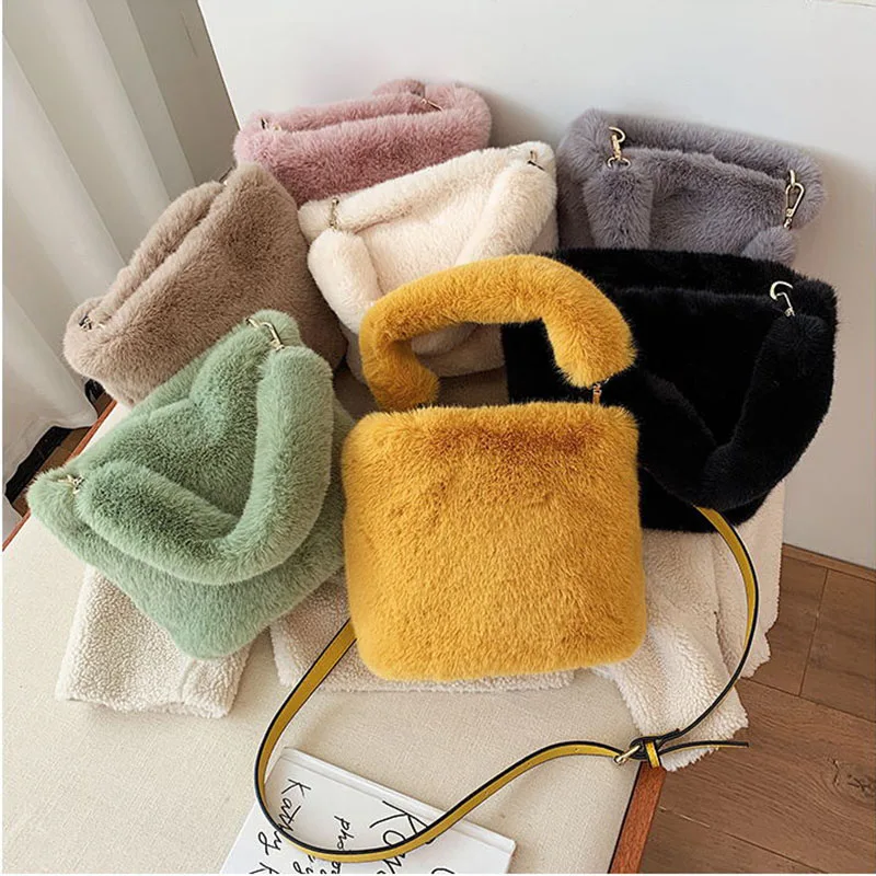 2024 Winter Faux Fur Shoulder Bags For Women Casual Plush Crossbody Bags Fur Clutch Purse Bucket Bags Bolsa Feminina