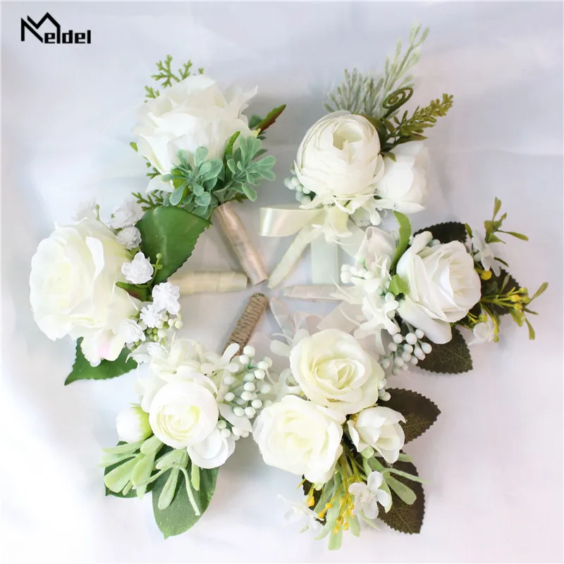 Meldel Trắng Hoa Hồng Boutonniere Hoa Cưới Xòe Pin Vòng Tay Chú Rể Boutonniere Cưới Chứng Kiến Thổ Cẩm Hôn Nhân Phụ Kiện