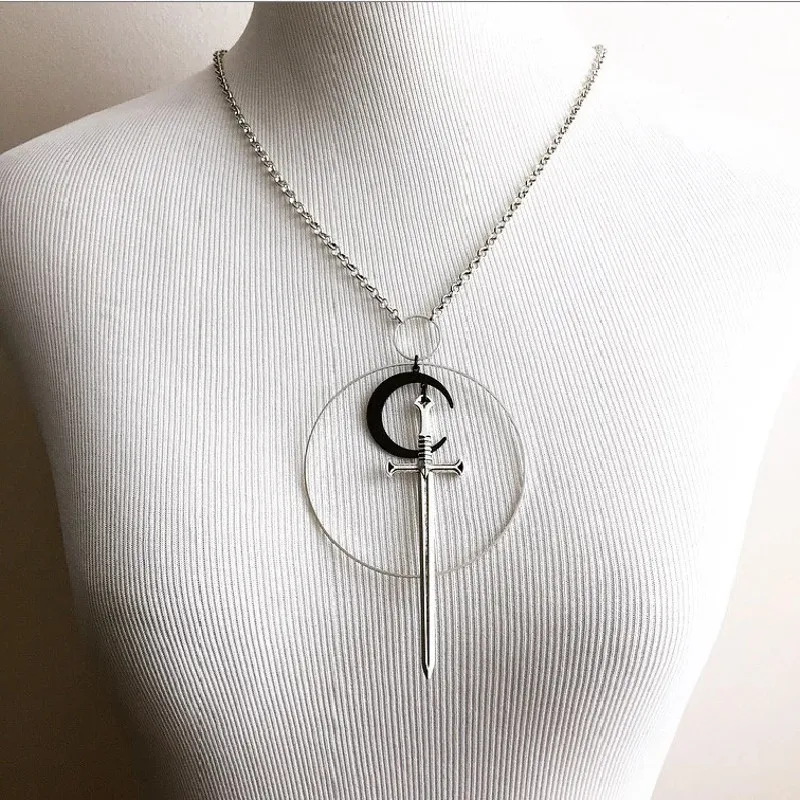 Long Version Black Moon Silver Colour Sword Necklace Goth Fantasy Medieval Witchy Cosplay Jewelry Mens Unisex Classical Pendant