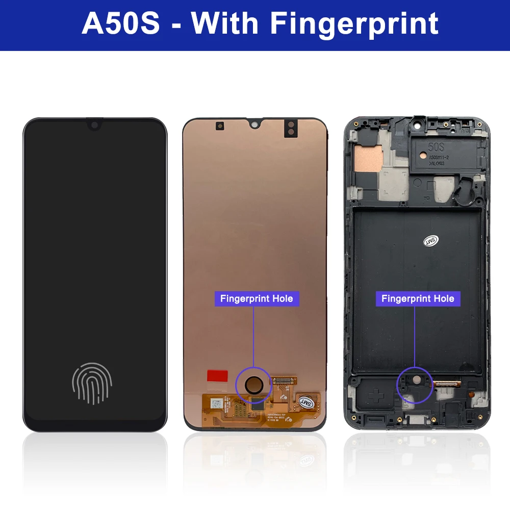 Super AMOLED For Samsung Galaxy A50s A507F A507FN LCD Display with Fingerprint, For Galaxy A50S Touch Screen Replace,with Frame