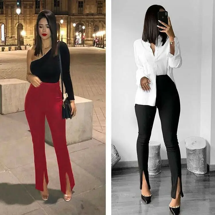 Flare Pants Women Front Slit Slim Fit Flare Pants Solid Color High Waist Trousers Elegant Office Ladies Trousers Streetwear