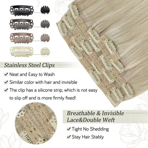 Imagen 2 del producto Extensiones de cabello con Clip VeSunny, pelucas Remy de doble trama de cabello humano, 7 Uds., extensiones con Clip, cabello brasileño marrón oscuro Rubio 100gr