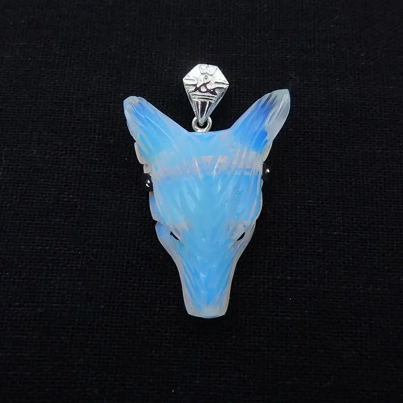 

Carved Wolf Head Opalite Gemstone Pendant Bead, 925 Sterling Silver Buckle.42x27x12mm,12g