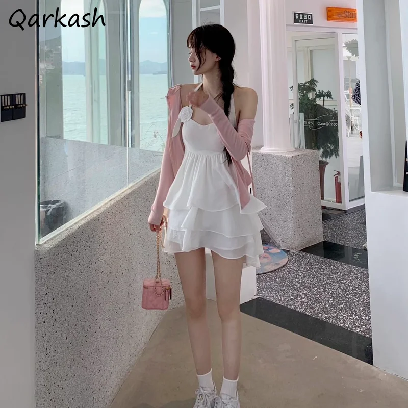 

Dress Women Solid Color Mini Sexy Fairy White Cascading Ruffle Elegant Sweet Holiday Party All-match Retro Korean Style Summer