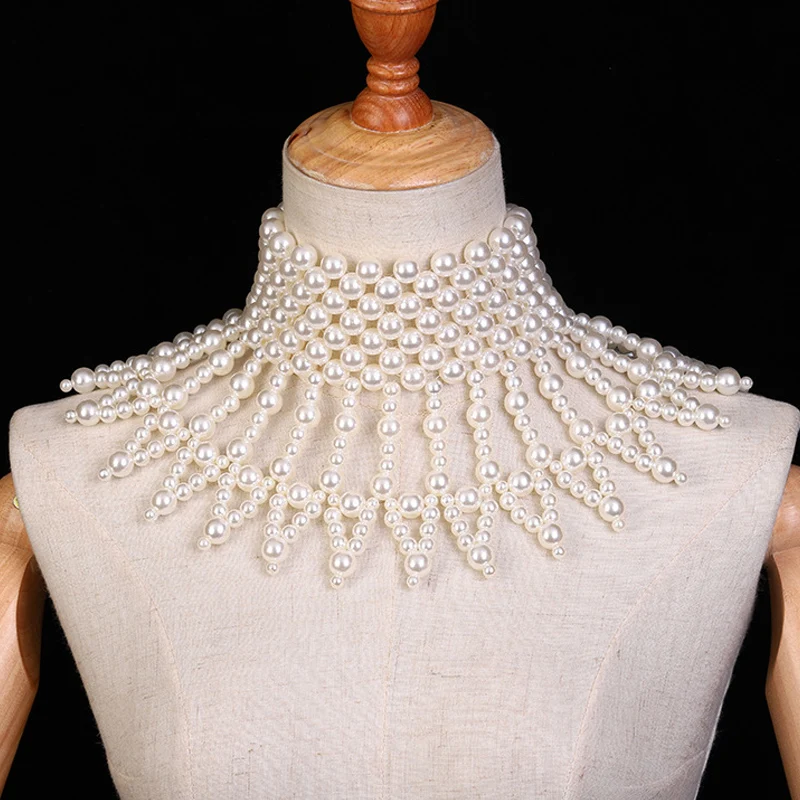 Bridal Luxury Pearls Wedding Cape Female High Collar Prom Neck Chain Elegant Party Romantic Beaded Neckband Black Ivory