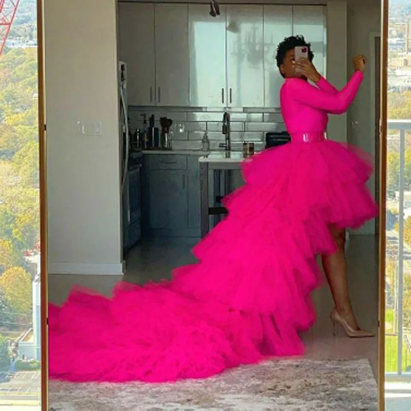 

Fuchsia Ruffles Tulle Women Skirts Chic Hot Pink High Low Draped Bridal Tulle Long Skirts Wedding Prom Party Tulle Skirt 2022